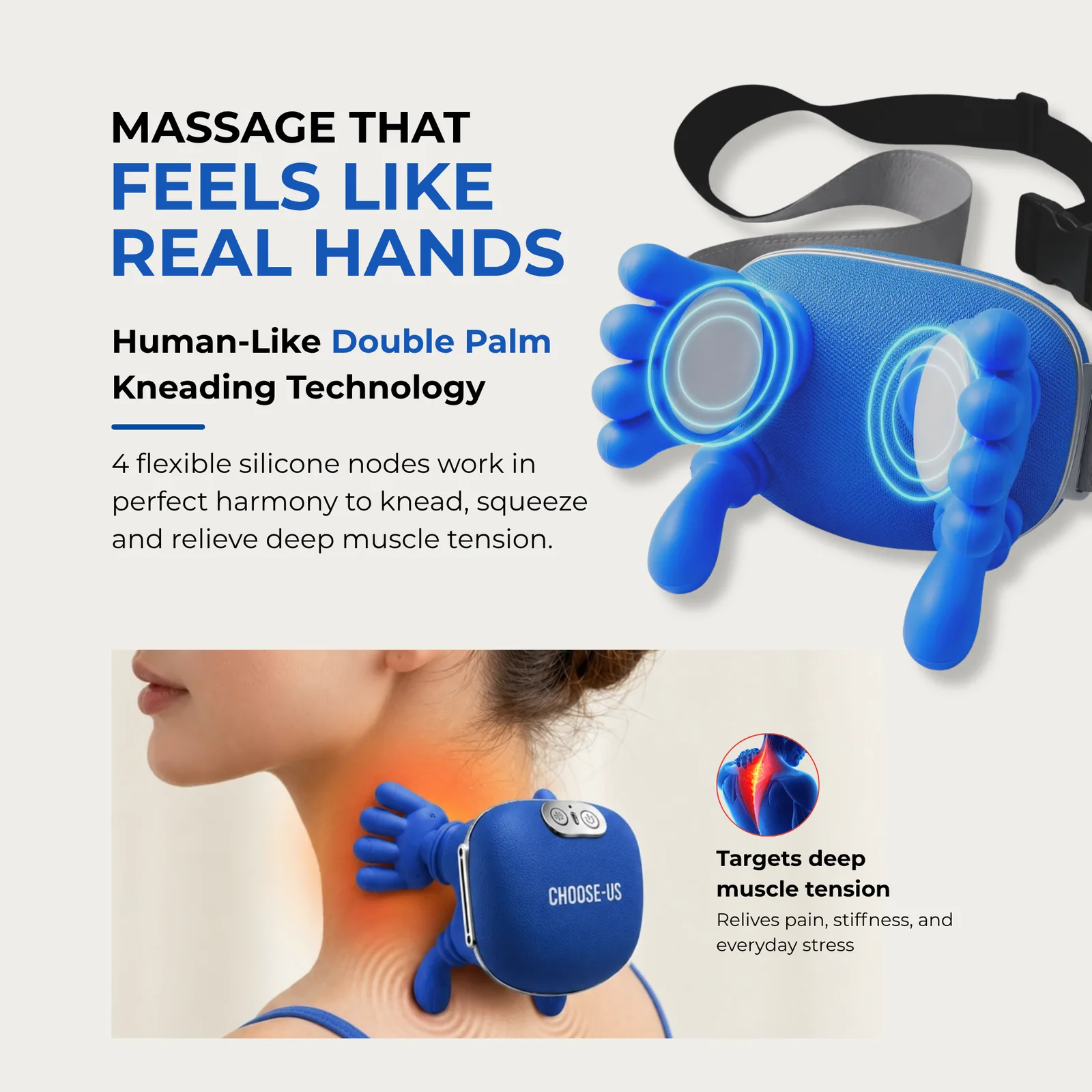 Human-like double palm kneading technology — 4 flexible silicone nodes target deep muscle tension