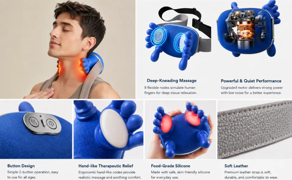 Deep-kneading massage, powerful & quiet motor, button design, hand-like relief, food-grade silicone, soft leather strap