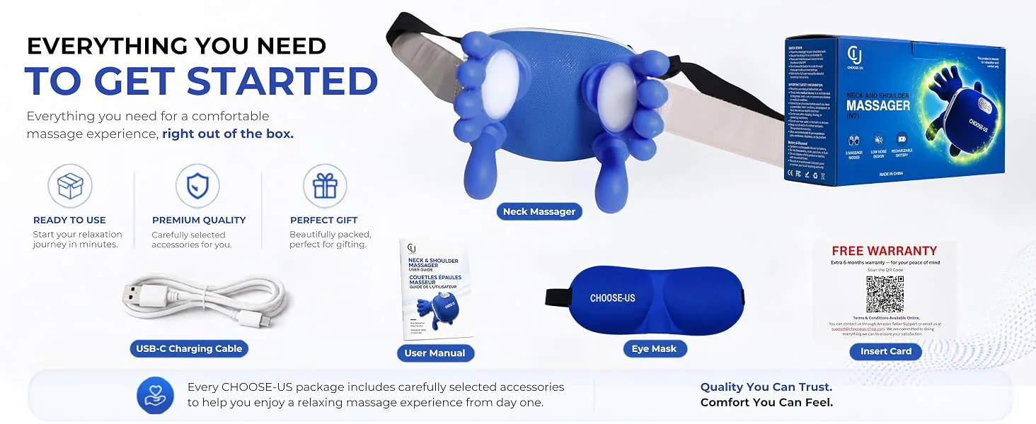 Everything you need to get started — massager, USB-C charging cable, user manual, eye mask and warranty insert card