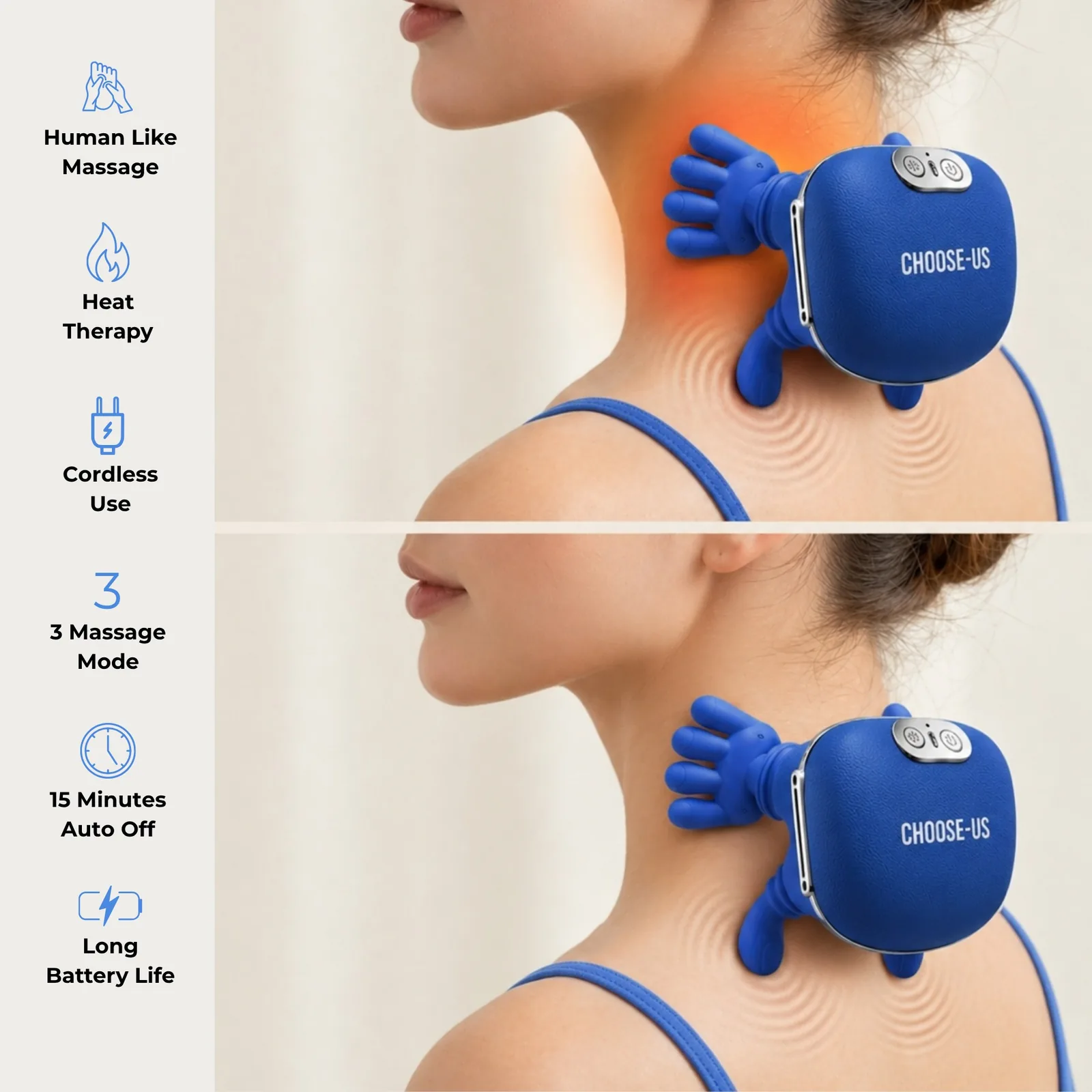 Human-like massage, heat therapy, cordless use, 3 massage speeds, 15-minute auto off, long battery life
