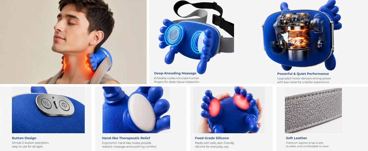 Hand neck massager with heat — deep-kneading bionic massage nodes, quiet motor, food-grade silicone
