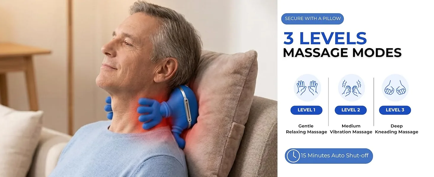 3 speeds of massage — low, medium, high — gentle relaxing, medium vibration, deep kneading — with 15 minute auto shut-off